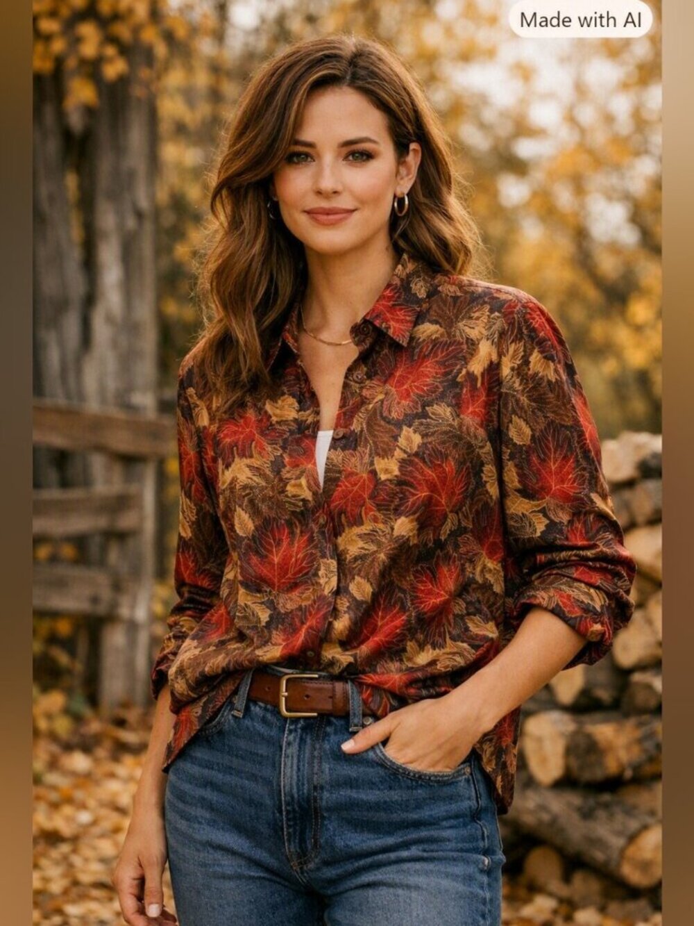 Vintage Silk 90s Fall Red Brown Print Cottagecore Button Up Shirt PM